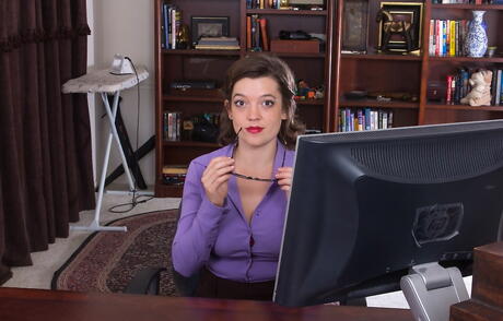 Amazing Mystique Jones in hose exposes big knockers and masturbates in office