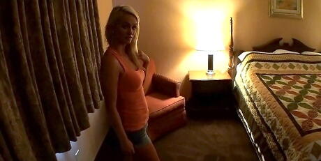 Excellent american blonde cutie Emily Austin in sexy shorts bares big titties and jerks off 